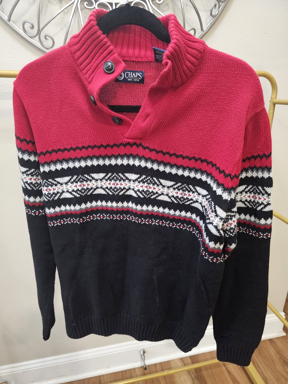 CHAPS S Petite Red Black Fair Isle Mock Neck Sweater